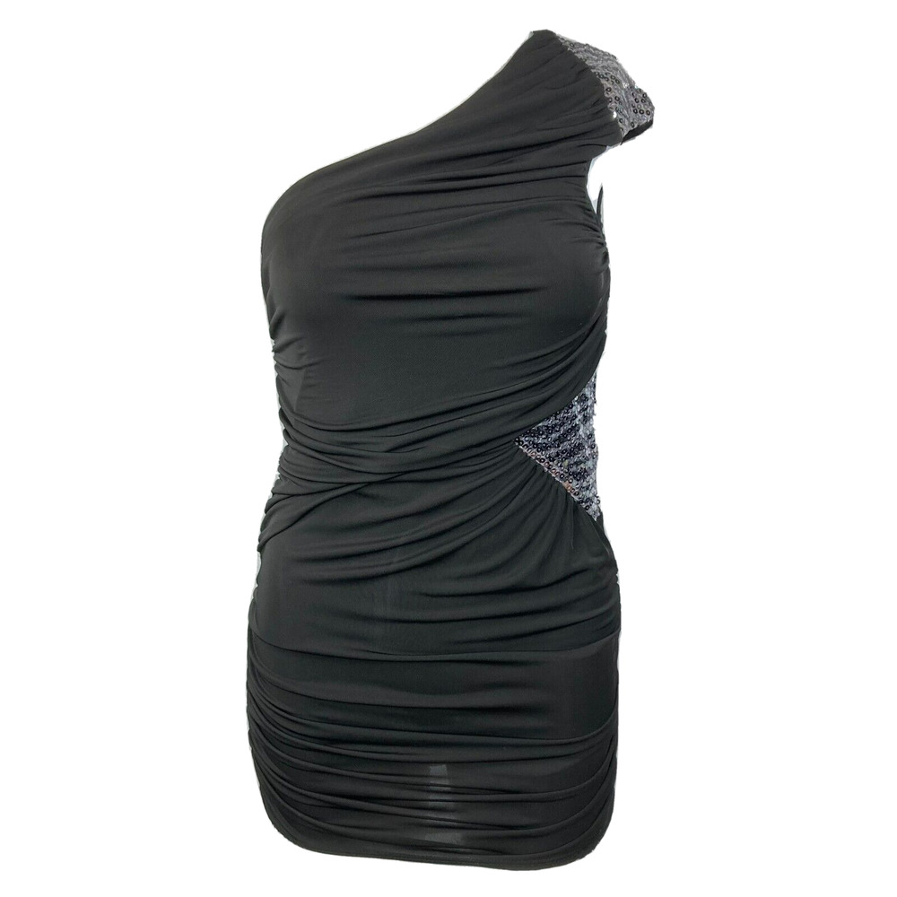 Banana Monkey Dress Womens Sz S Black Bodycon Sequins One Shoulder Ruched Mini‎